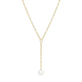 14K Small Oval Link Lariat With Pearl Drop