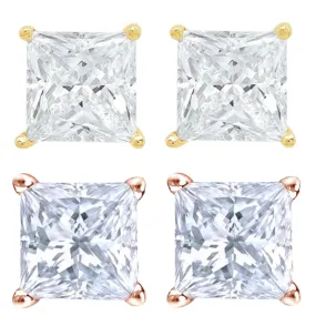 14k Yellow And Rose Gold 1/4 Carat Solitaire Created Diamond 2 Pair Princess Stud Earrings