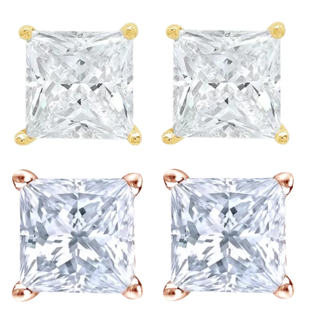 14k Yellow And Rose Gold 1/4 Carat Solitaire Created Diamond 2 Pair Princess Stud Earrings
