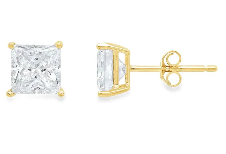 14k Yellow Gold 1/2 Carat Created White Diamond Princess Stud Earrings (SI1) 4 Prong Setting by Paris Jewelry