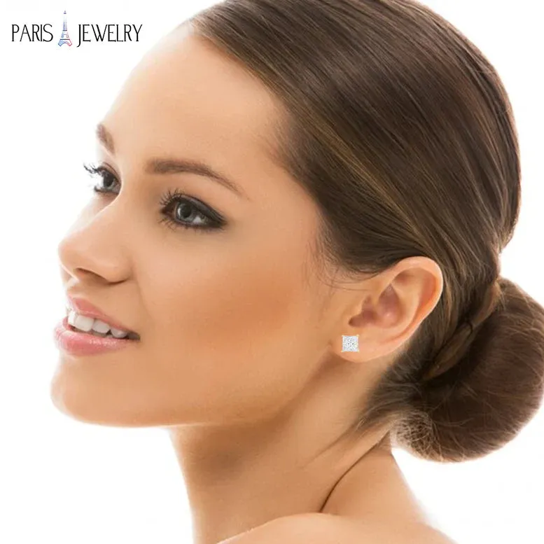 14k Yellow Gold 1/2 Carat Created White Diamond Princess Stud Earrings (SI1) 4 Prong Setting by Paris Jewelry
