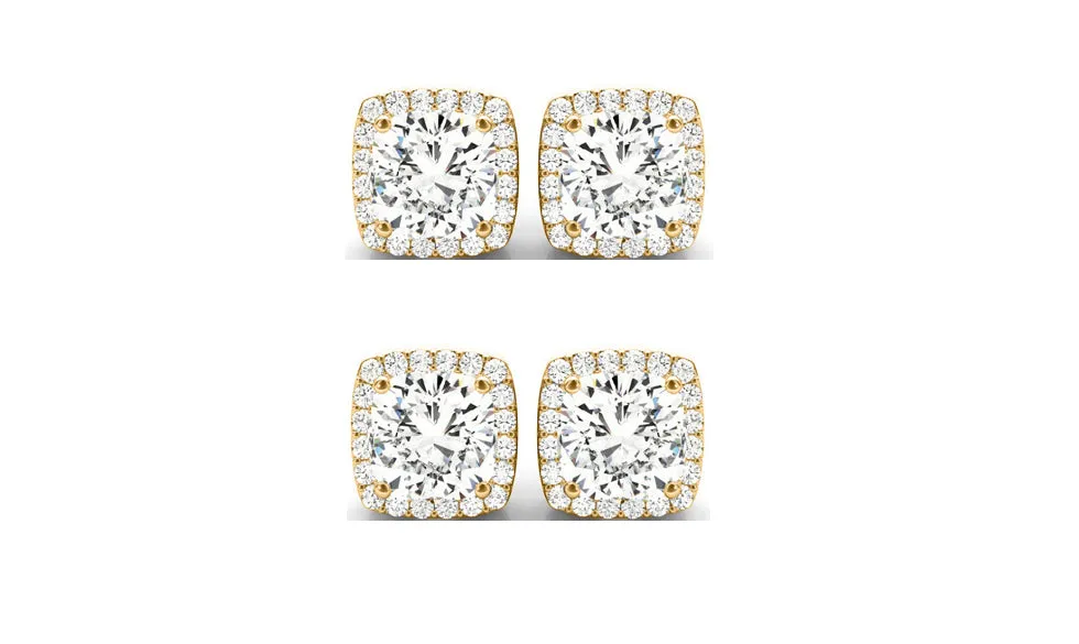 14k Yellow Gold 4mm 3Ct Cushion Cut White Sapphire Set Of Two Halo Stud Earrings Plated