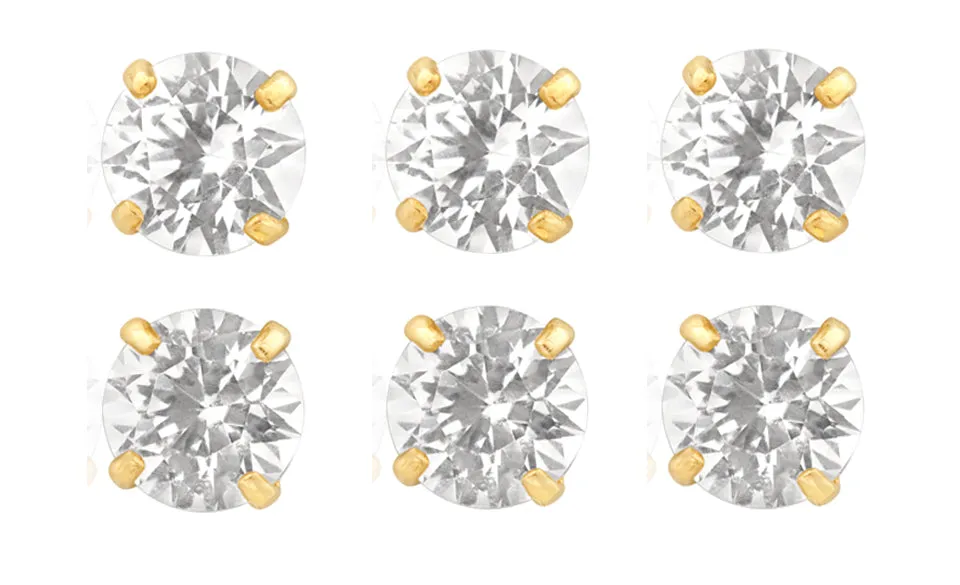 14k Yellow Gold Plated 3Ct Round White Sapphire Set Of Three Stud Earrings