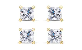 14k Yellow Gold Plated 4mm 2Ct Princess Cut White Sapphire Set Of Two Stud Earrings