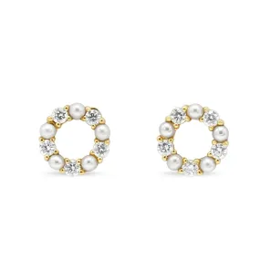 18ct Yellow Gold Diamond & Cultured Pearl Circle Stud Earrings