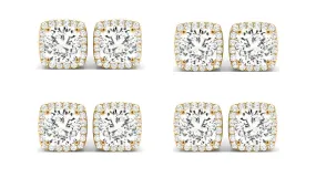 18k Yellow Gold 1Ct Cushion Cut White Sapphire Set Of Four Halo Stud Earrings Plated