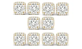 18k Yellow Gold 2Ct Cushion Cut White Sapphire Set Of Five Halo Stud Earrings Plated