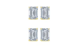 18k Yellow Gold 4mm 3Ct Emerald Cut White Sapphire Set Of Two Stud Earrings Plated