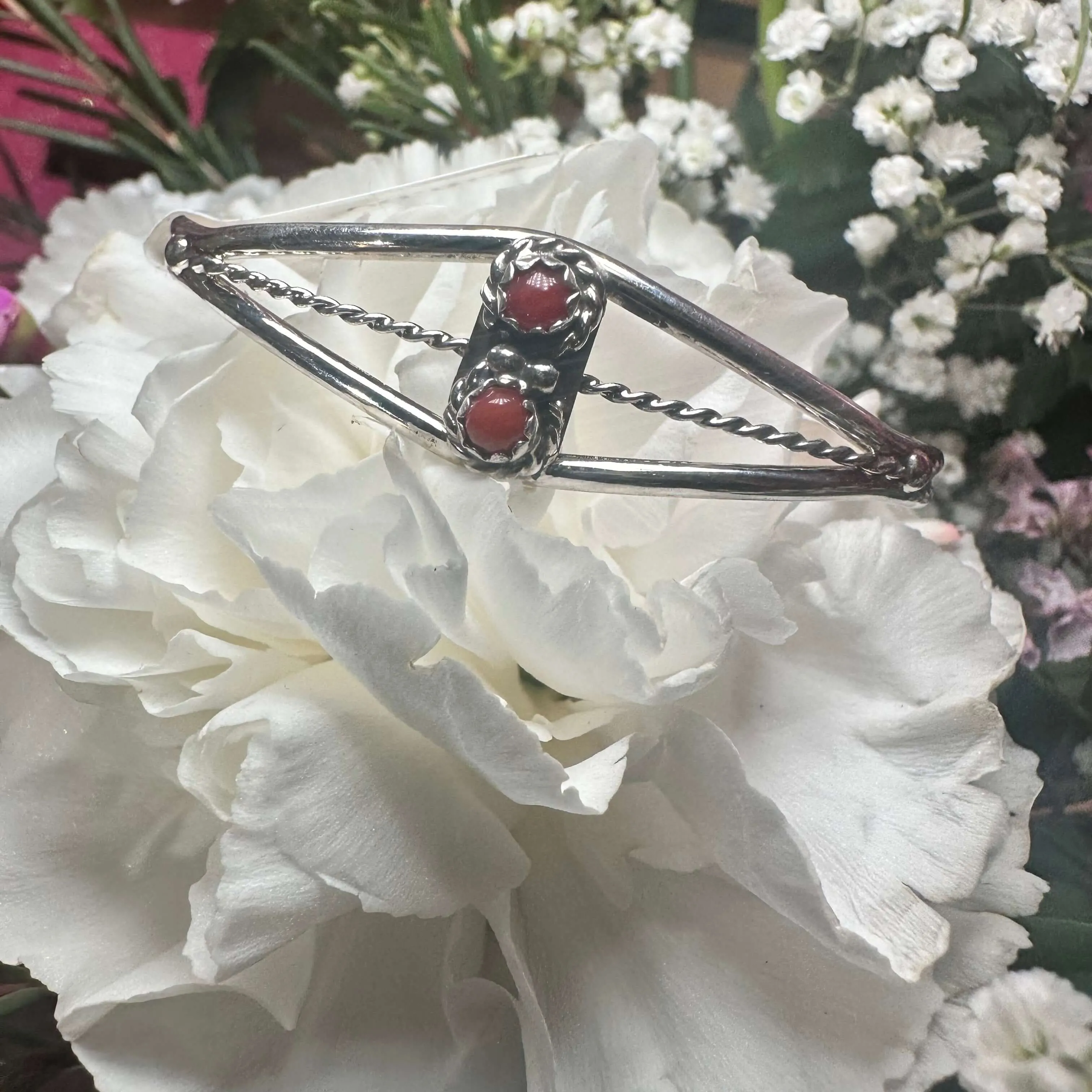 2 Stone Red Coral Kids Cuff Genuine Bracelet.
