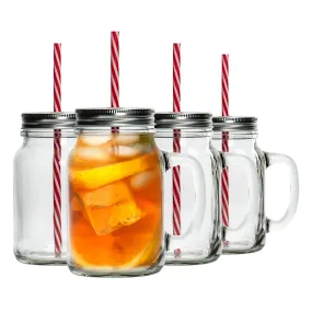 620ml Jam Jar Drinking Glasses with Lids & Straws - Pack of Four - By Rink Drink
