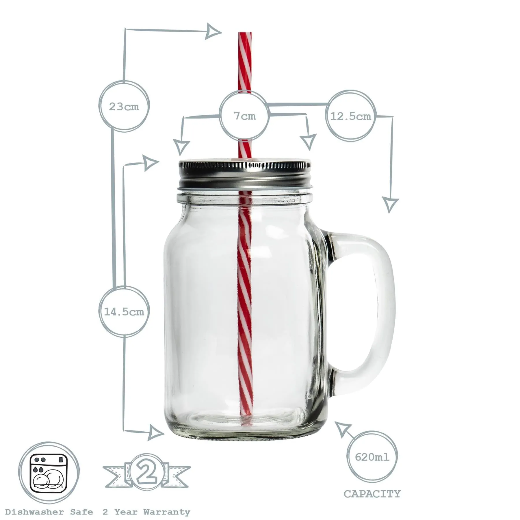 620ml Jam Jar Drinking Glasses with Lids & Straws - Pack of Four - By Rink Drink