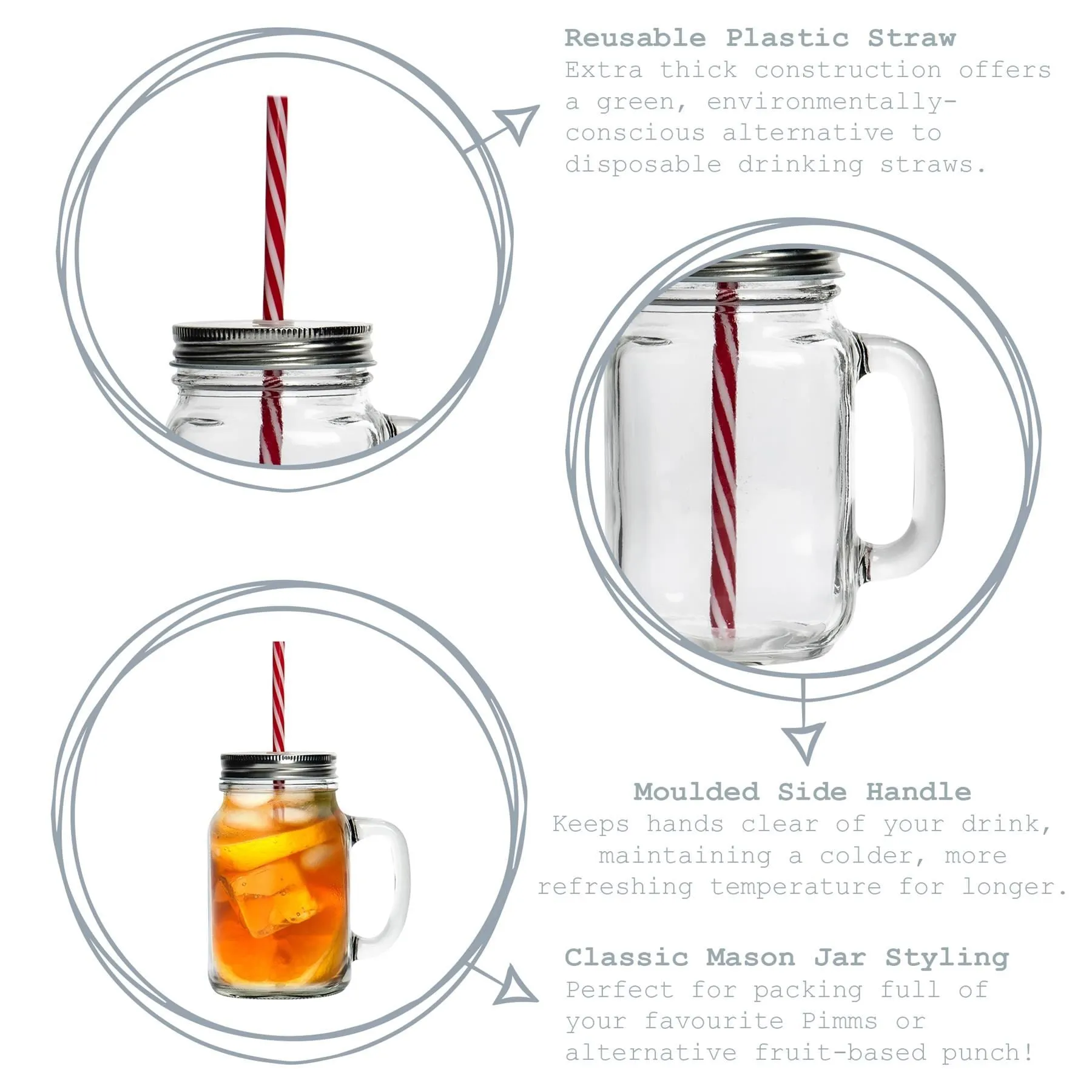 620ml Jam Jar Drinking Glasses with Lids & Straws - Pack of Four - By Rink Drink