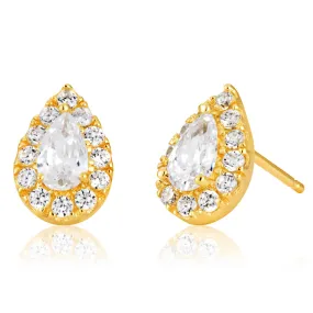 9ct Pear Shaped Halo Stud Earrings with Cubic Zirconia in Yellow Gold