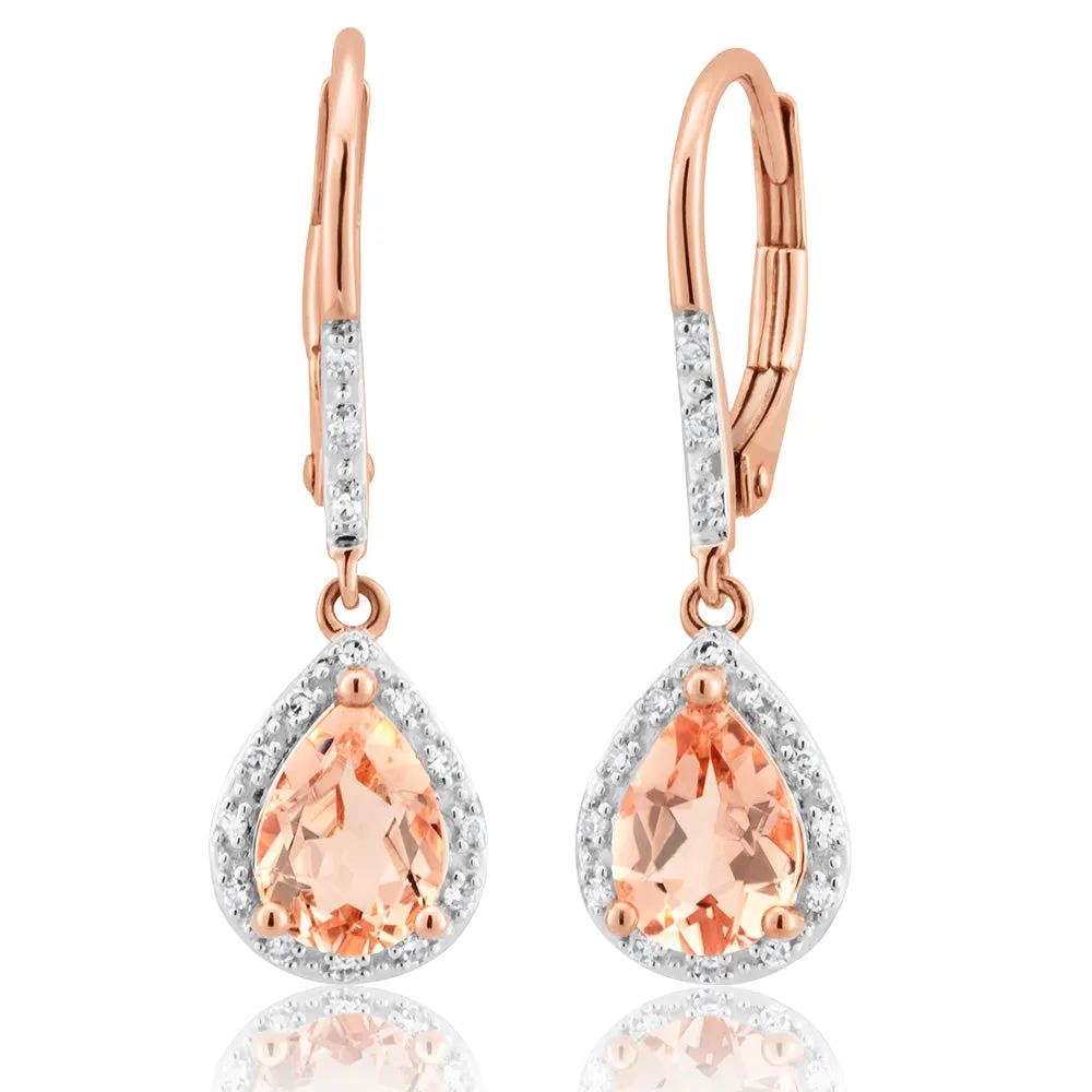 9ct Rose Gold Morganite 7x5mm Pear & Diamond Drop Earrings