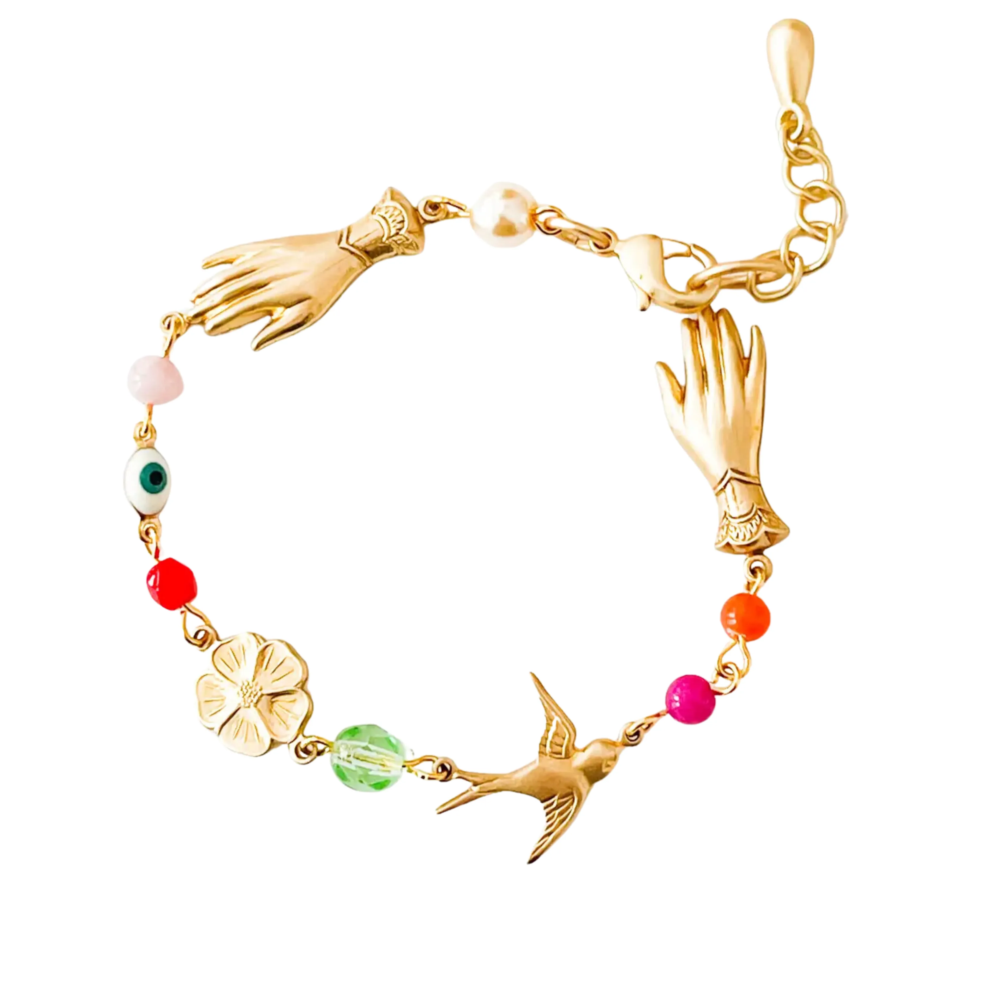 Adjustable Evil Eye Charm Bracelet with Pearl and Beads