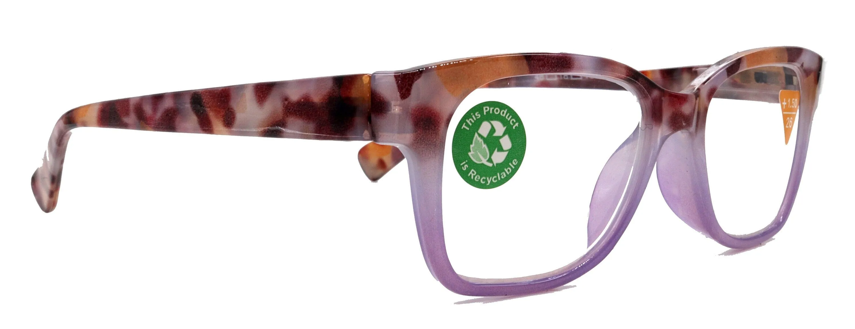 Aya, (Premium) Reading Glasses, High End Fashion Reader, 1.25 to  4 Magnifiers, (Purple n Brown Tortoise) Square Frame. NY Fifth Avenue.