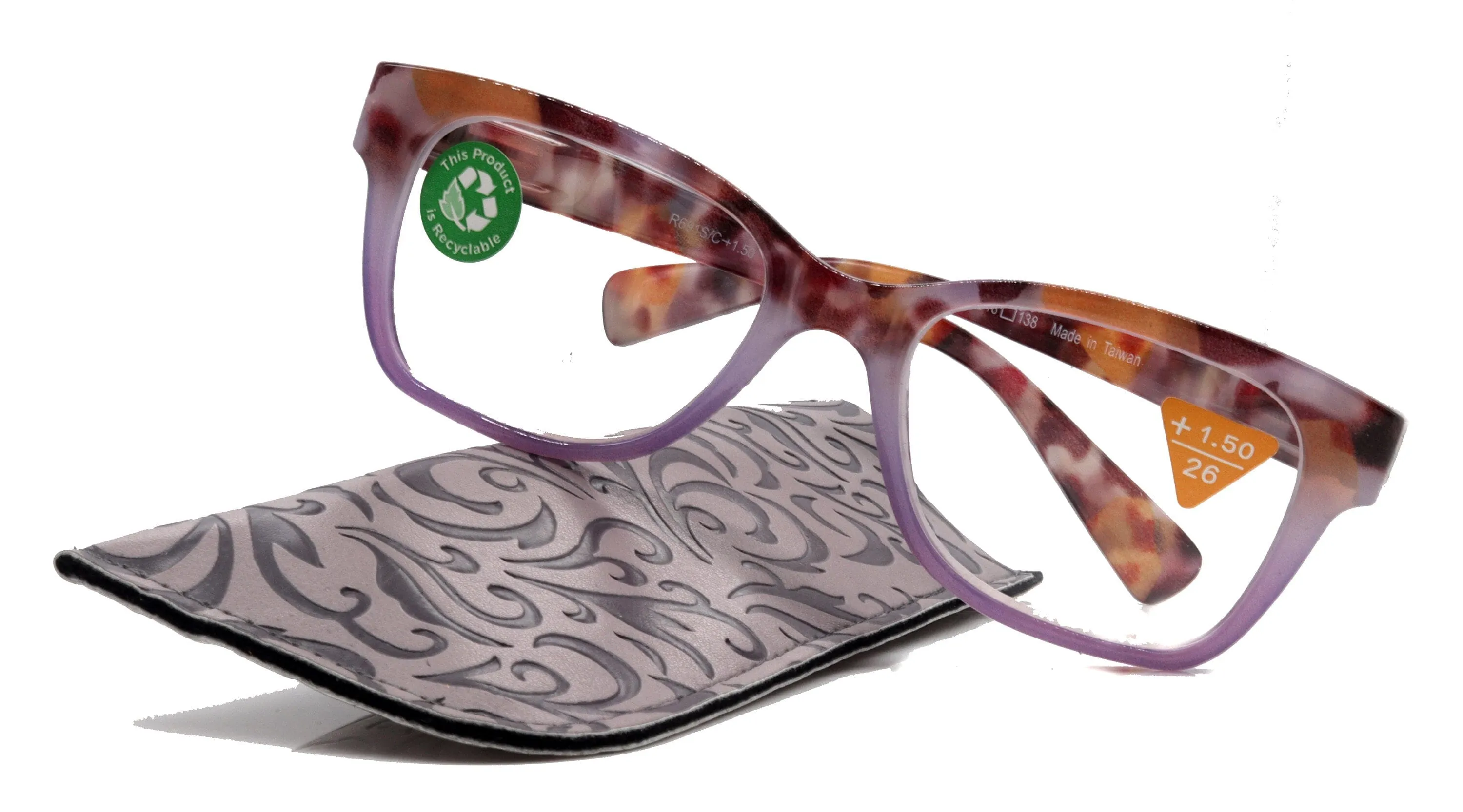 Aya, (Premium) Reading Glasses, High End Fashion Reader, 1.25 to  4 Magnifiers, (Purple n Brown Tortoise) Square Frame. NY Fifth Avenue.