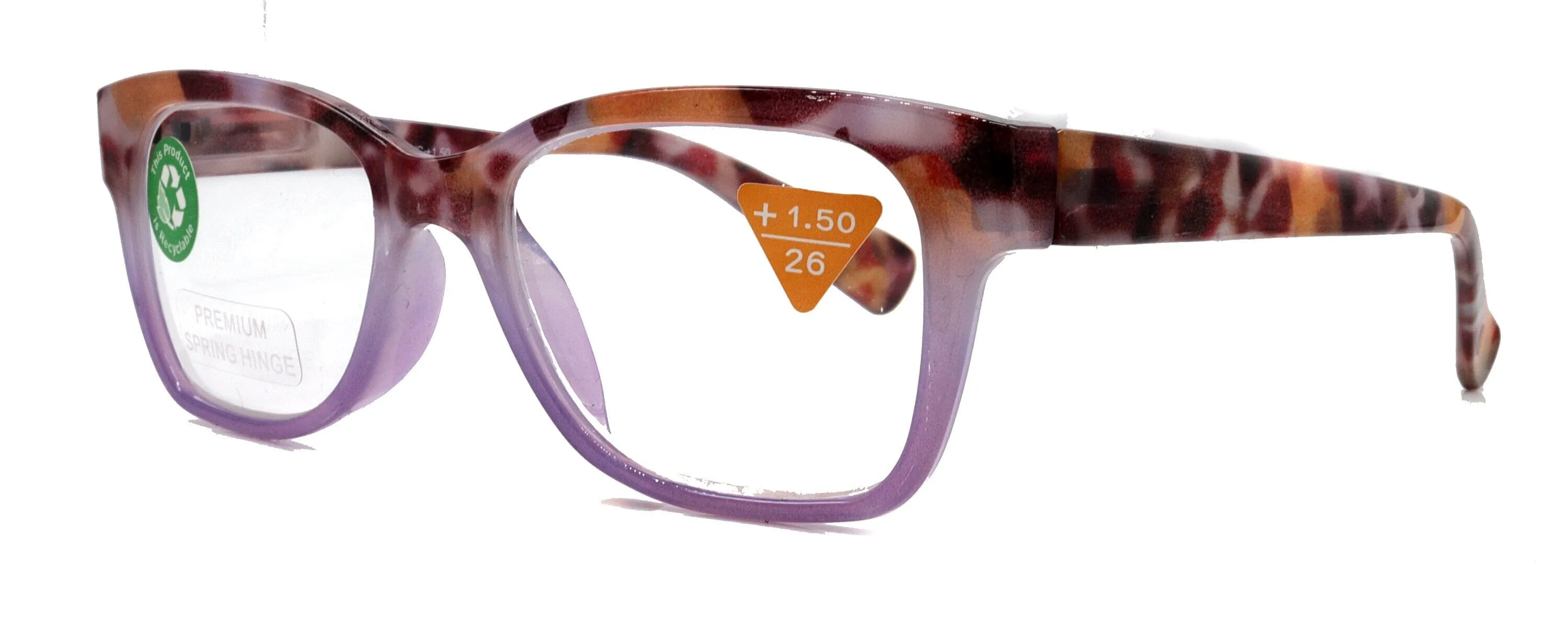 Aya, (Premium) Reading Glasses, High End Fashion Reader, 1.25 to  4 Magnifiers, (Purple n Brown Tortoise) Square Frame. NY Fifth Avenue.