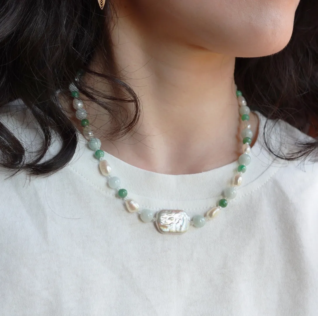 Baroque Pearl and Jadeite Necklace Silver