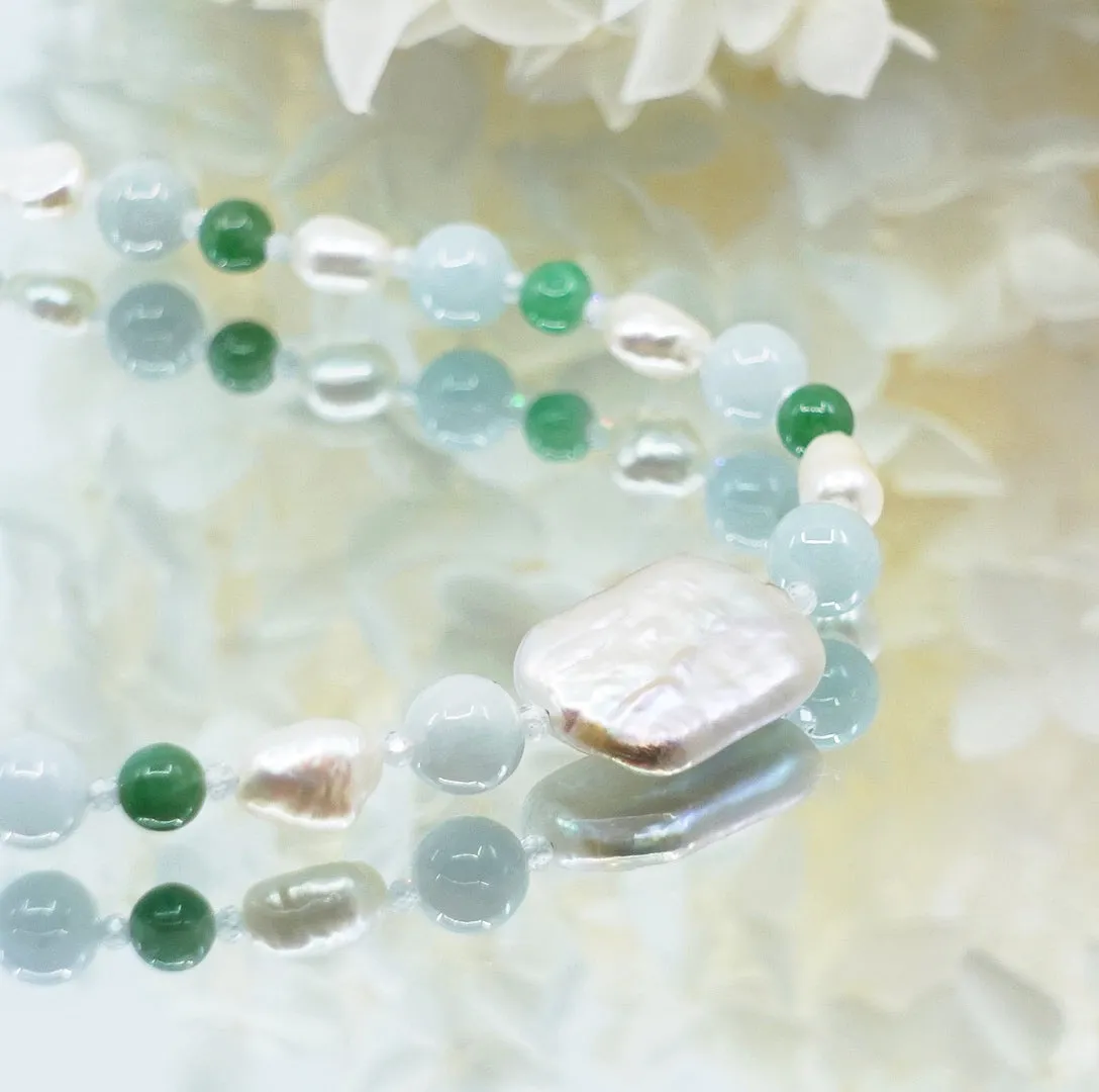 Baroque Pearl and Jadeite Necklace Silver