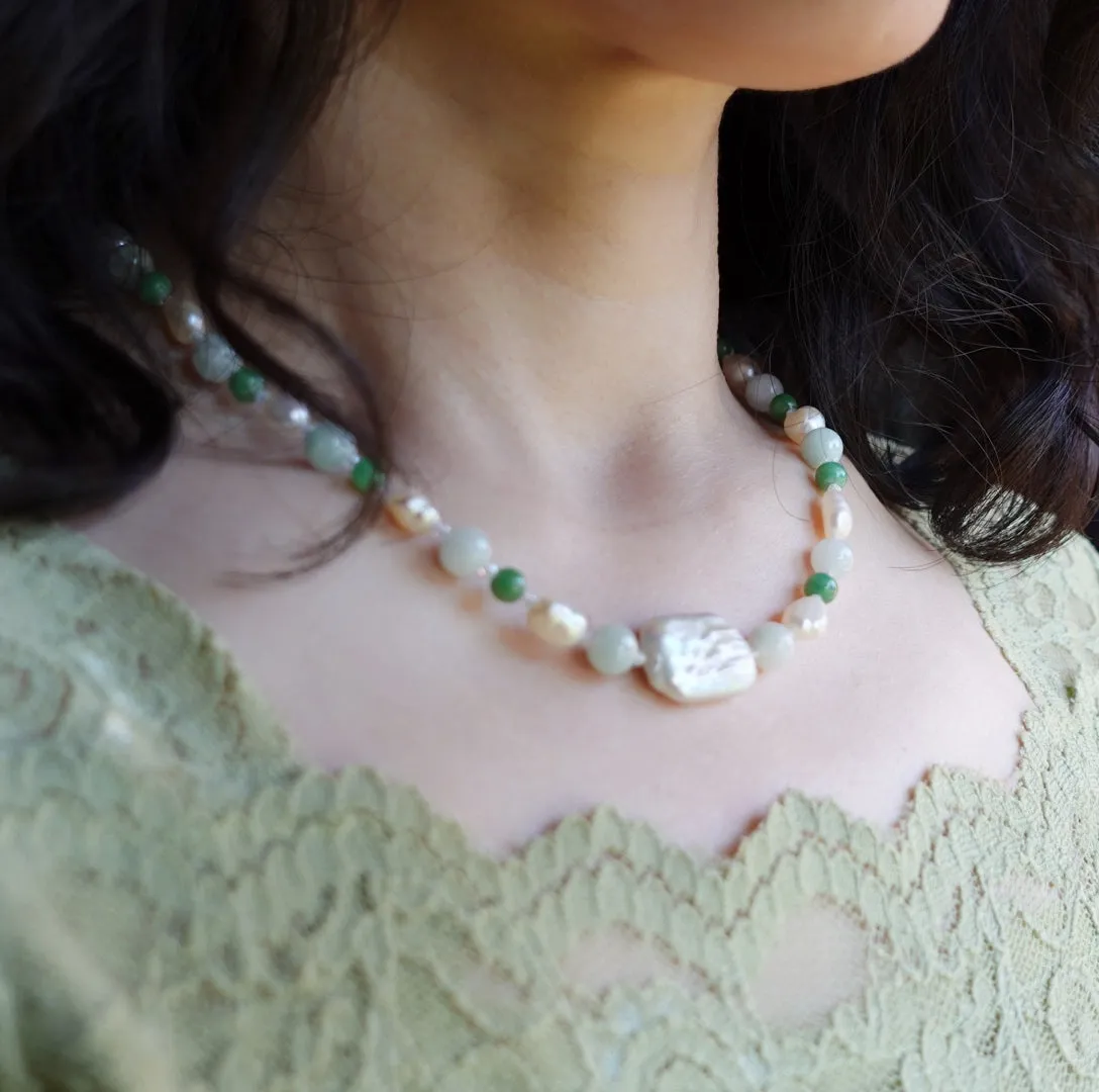 Baroque Pearl and Jadeite Necklace Silver