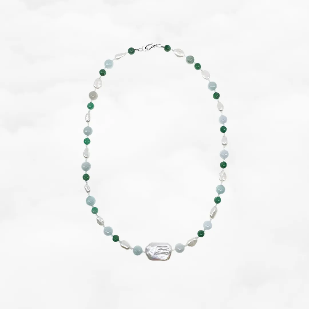 Baroque Pearl and Jadeite Necklace Silver
