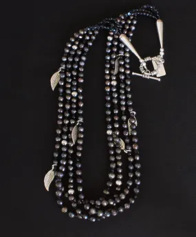 Black Faceted Pearl 4-Strand Necklace with Vintage Czechoslovakian Nailheads, Sterling Silver Leaf Charms, and Oxidized Sterling Silver Rounds