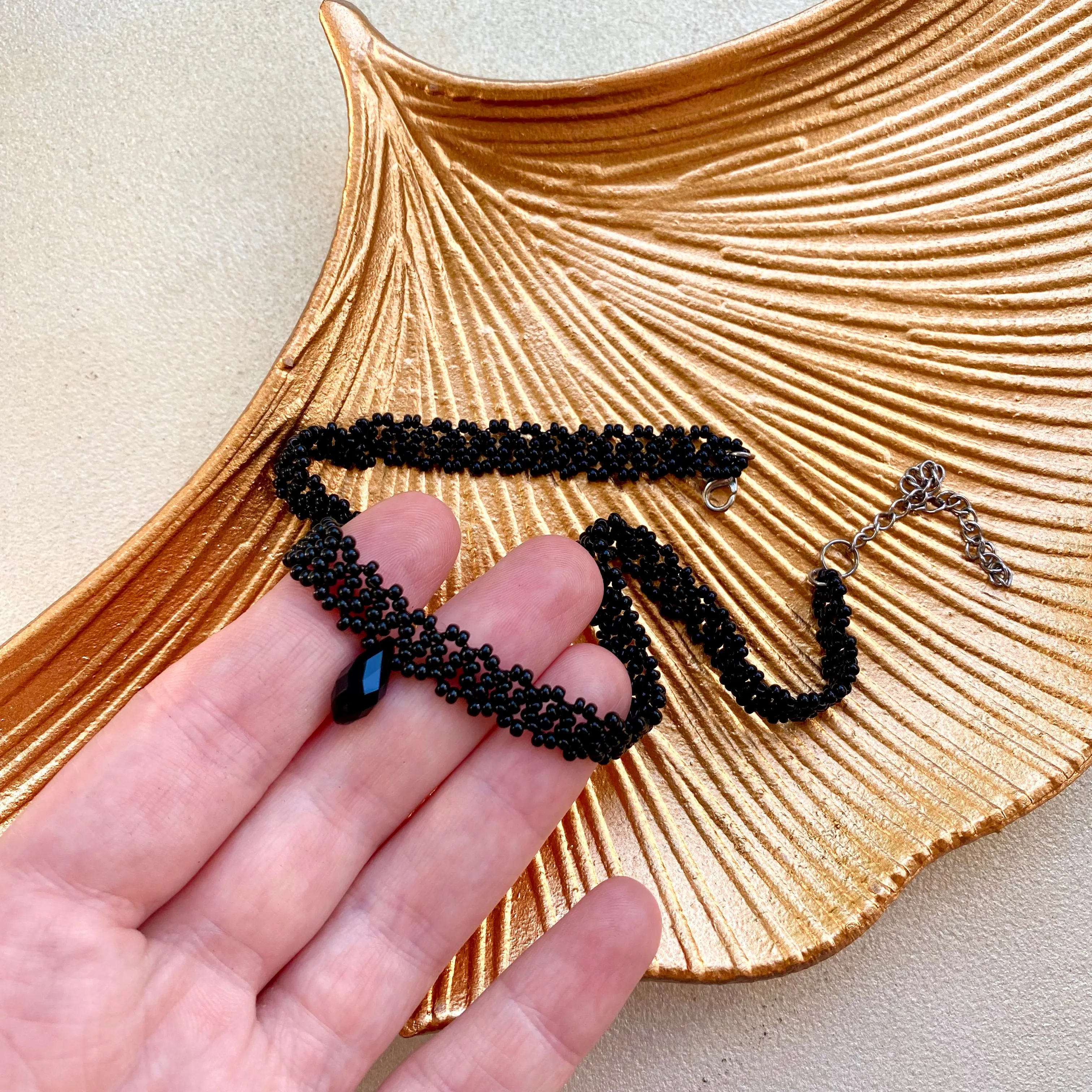 Black Seed Bead Choker Necklace. Wide bead lace choker with Crystal. Cute Dainty choker, Sexy choker for Women.