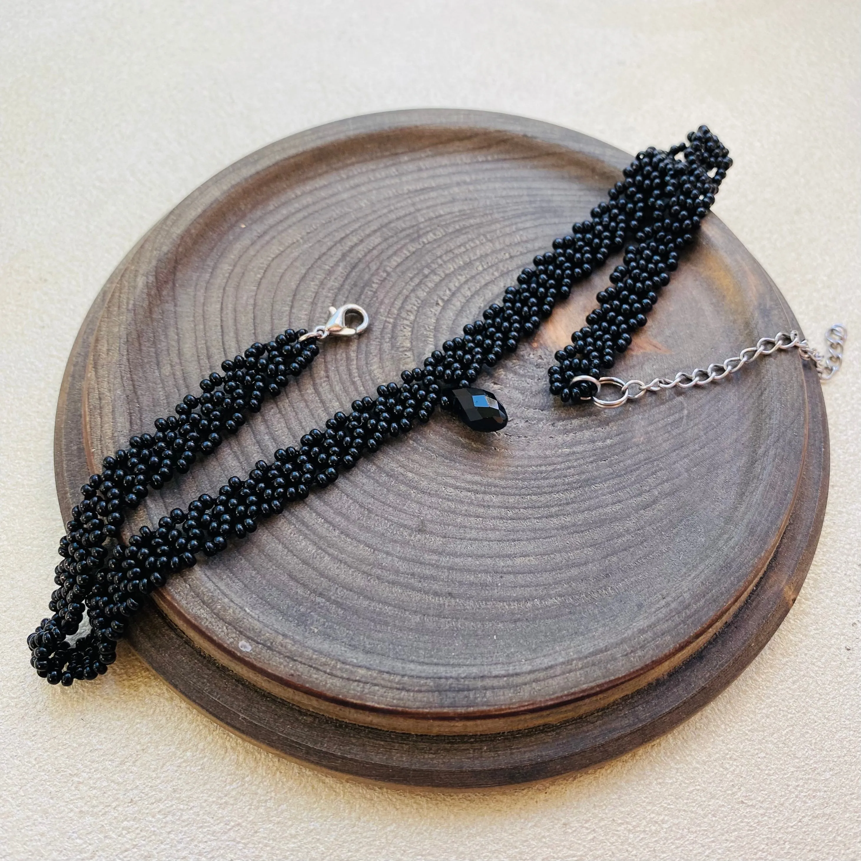 Black Seed Bead Choker Necklace. Wide bead lace choker with Crystal. Cute Dainty choker, Sexy choker for Women.