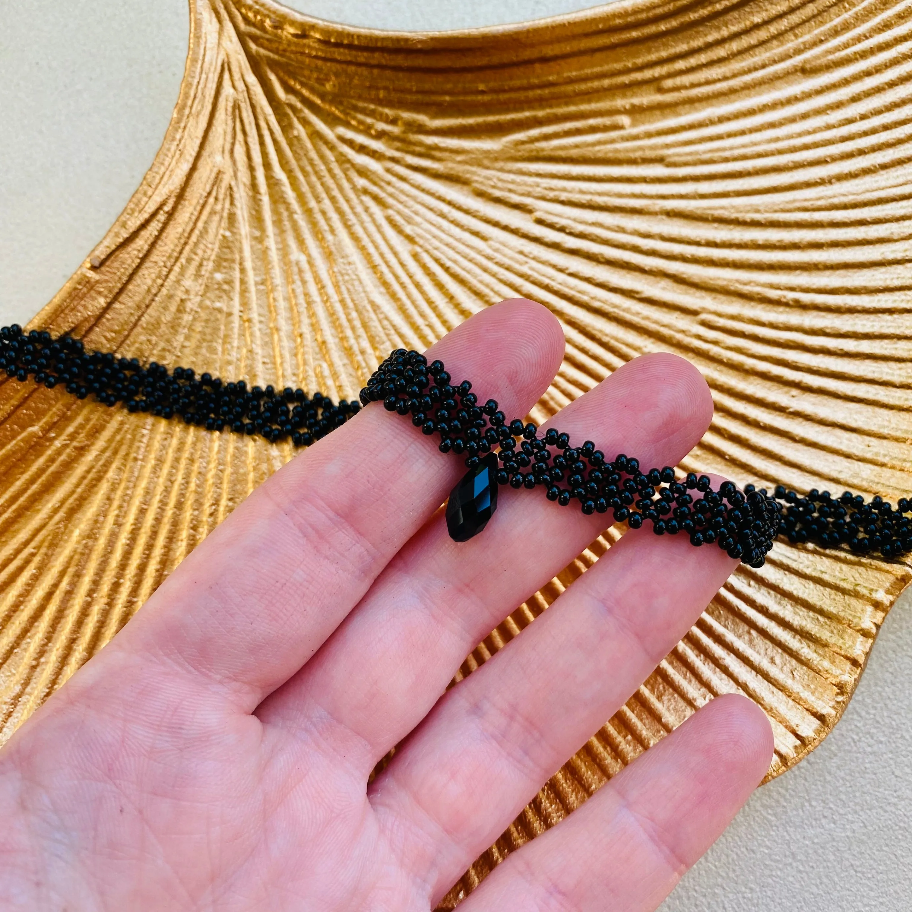 Black Seed Bead Choker Necklace. Wide bead lace choker with Crystal. Cute Dainty choker, Sexy choker for Women.