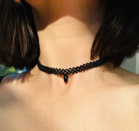 Black Seed Bead Choker Necklace. Wide bead lace choker with Crystal. Cute Dainty choker, Sexy choker for Women.