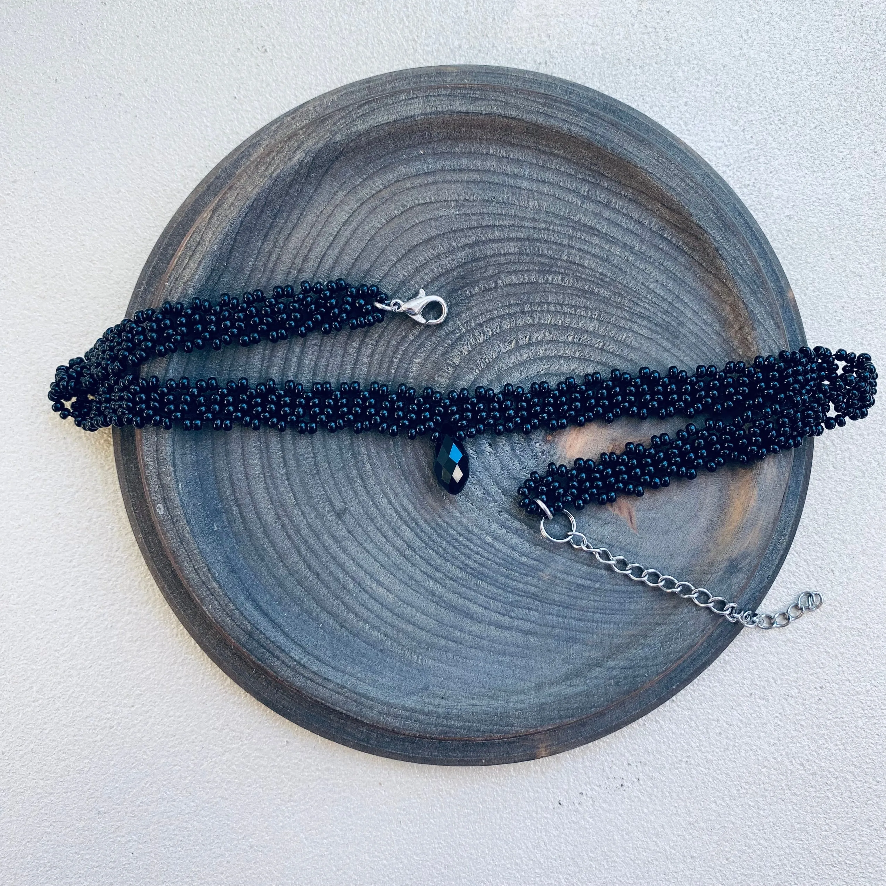 Black Seed Bead Choker Necklace. Wide bead lace choker with Crystal. Cute Dainty choker, Sexy choker for Women.