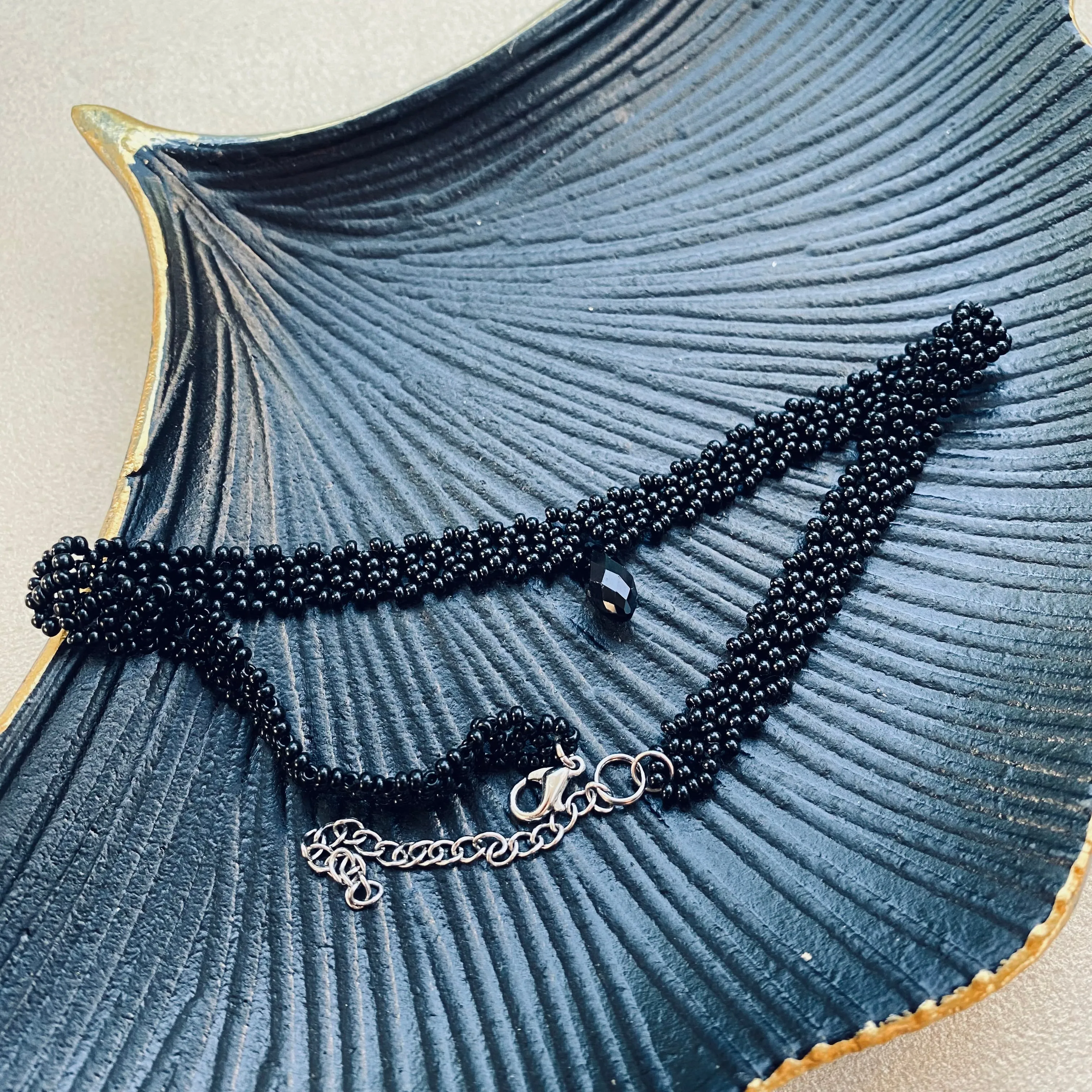 Black Seed Bead Choker Necklace. Wide bead lace choker with Crystal. Cute Dainty choker, Sexy choker for Women.