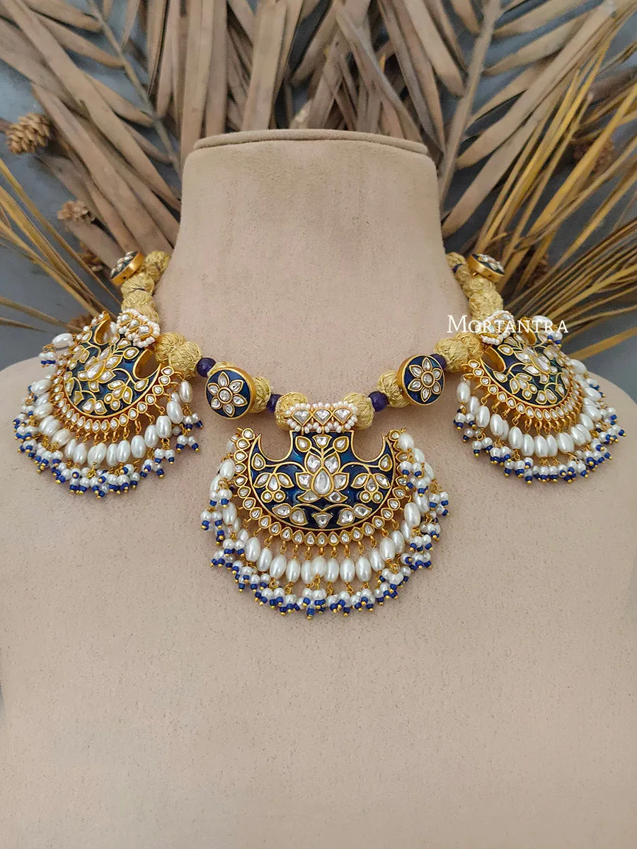 Blue Color Gold Plated Jadau Kundan Necklace Set - MS1722YB
