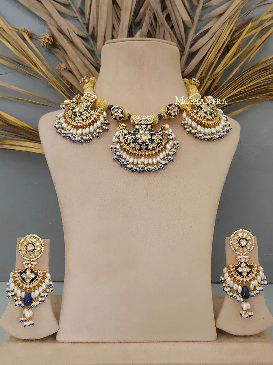 Blue Color Gold Plated Jadau Kundan Necklace Set - MS1722YB