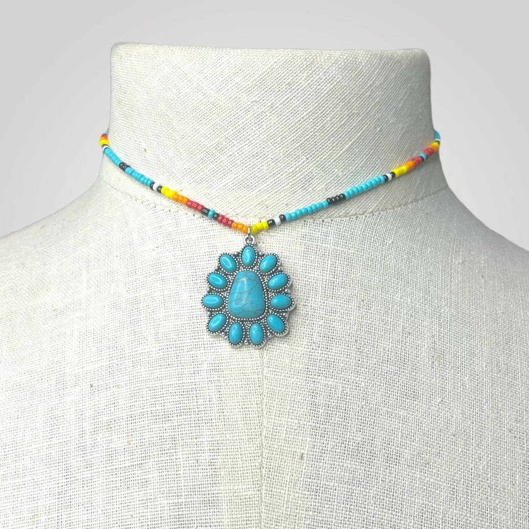 Blue Serape  Blossom Pendant Beaded Choker Set