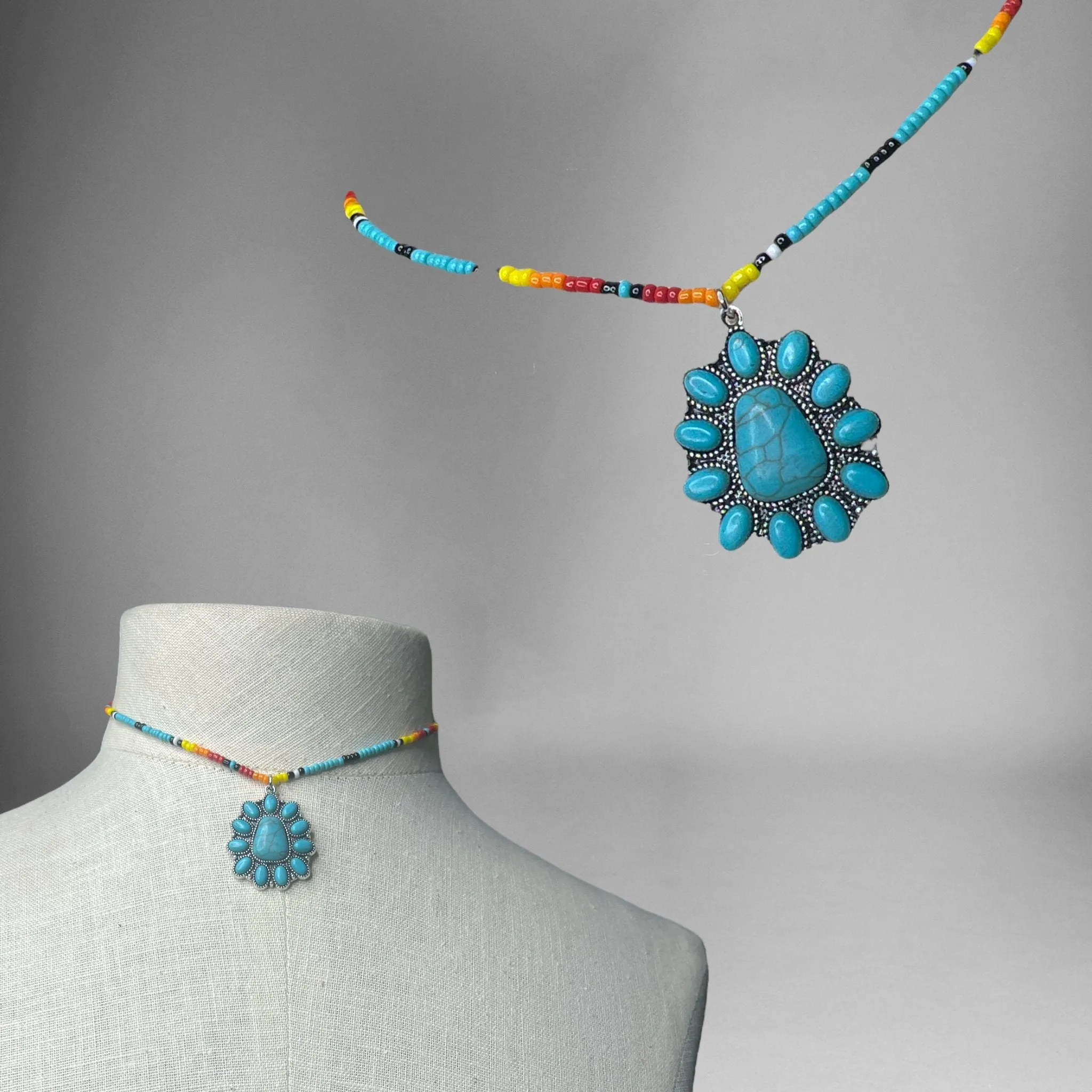 Blue Serape  Blossom Pendant Beaded Choker Set