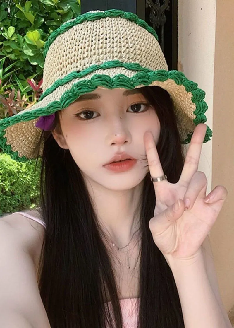Boutique Green Hollow Out Holiday Straw Woven Bucket Hat LC0475