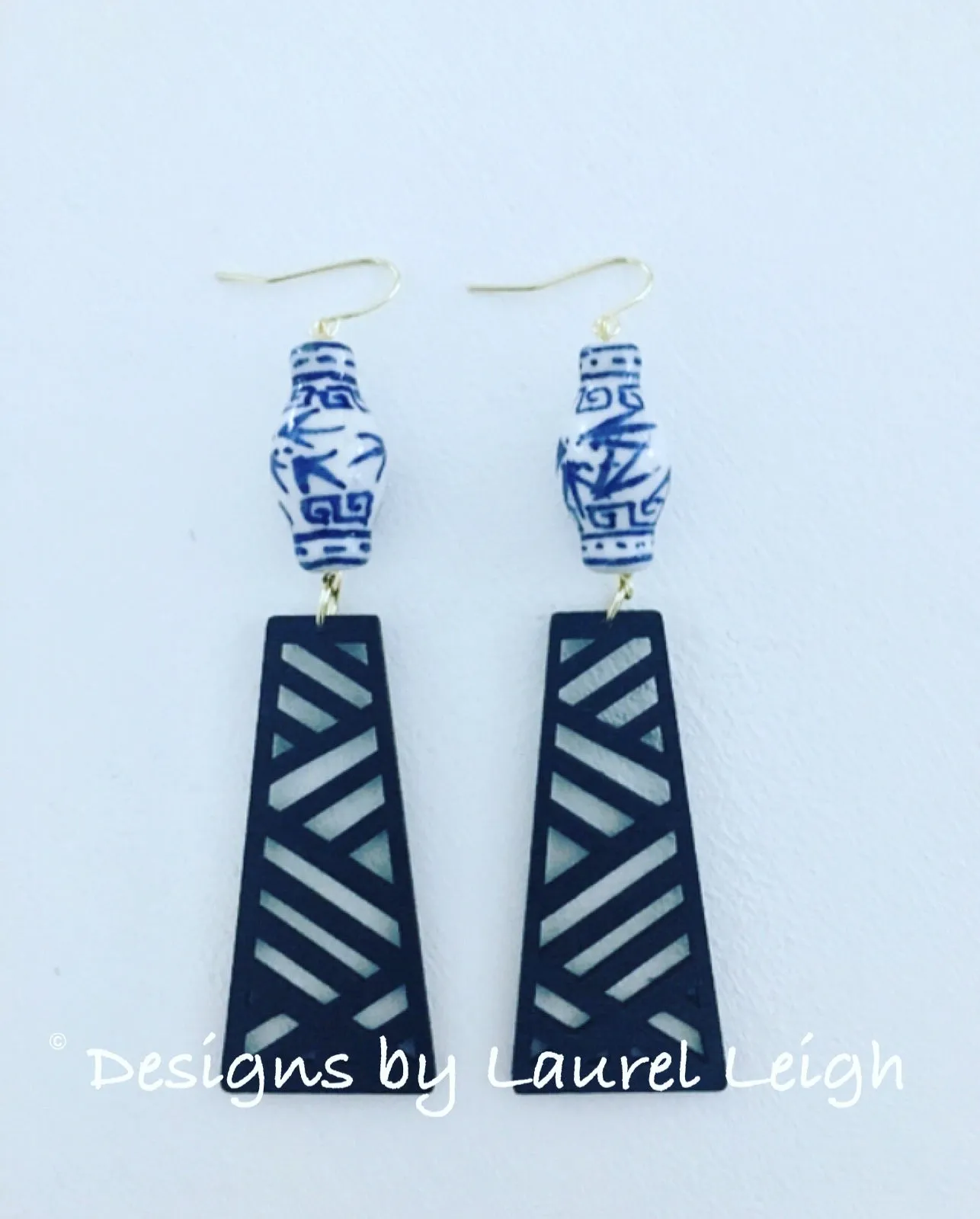 Chinoiserie Chippendale Ginger Jar Statement Earrings - Black or Blue