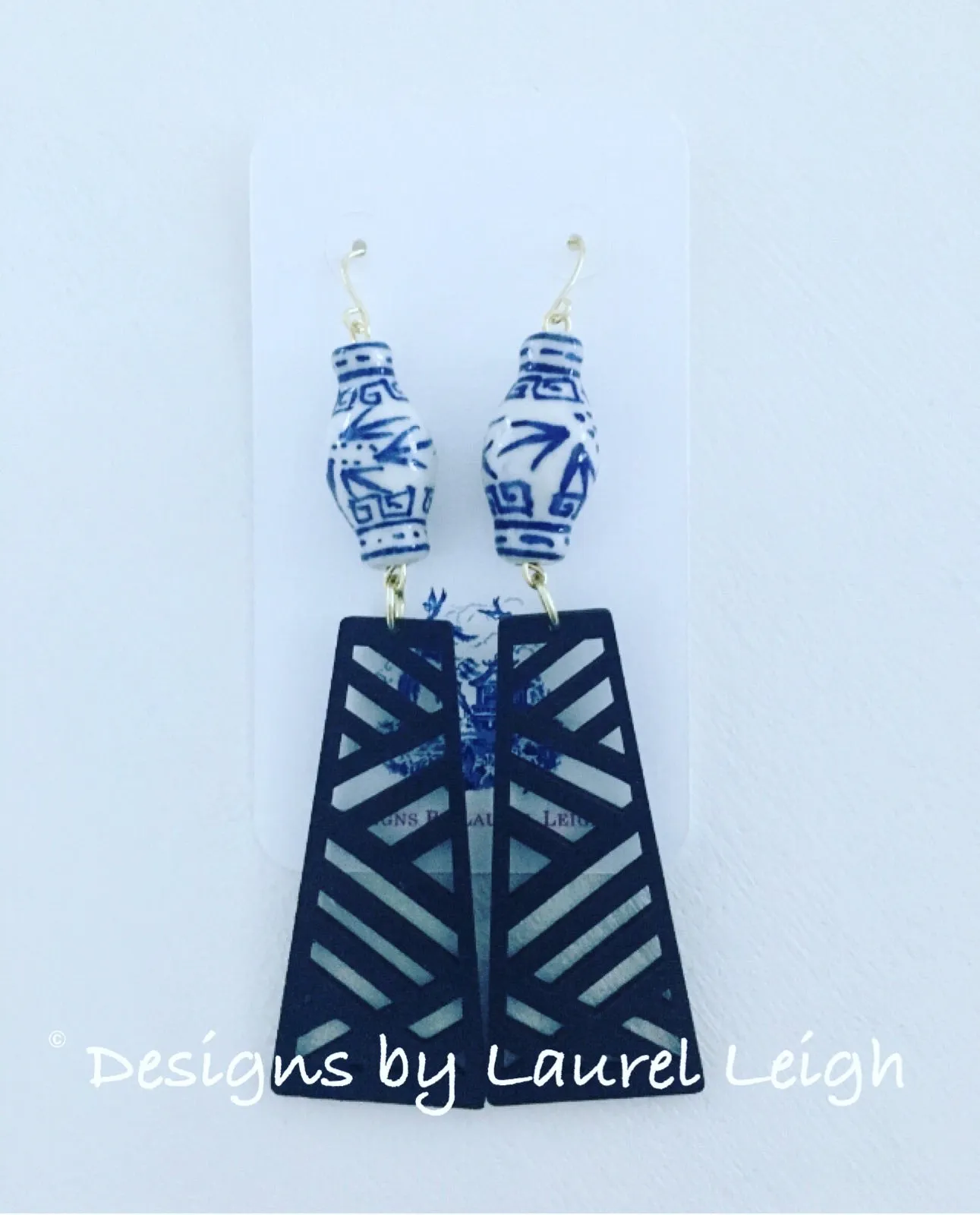 Chinoiserie Chippendale Ginger Jar Statement Earrings - Black or Blue