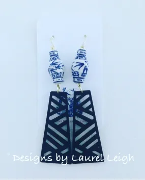 Chinoiserie Chippendale Ginger Jar Statement Earrings - Black or Blue