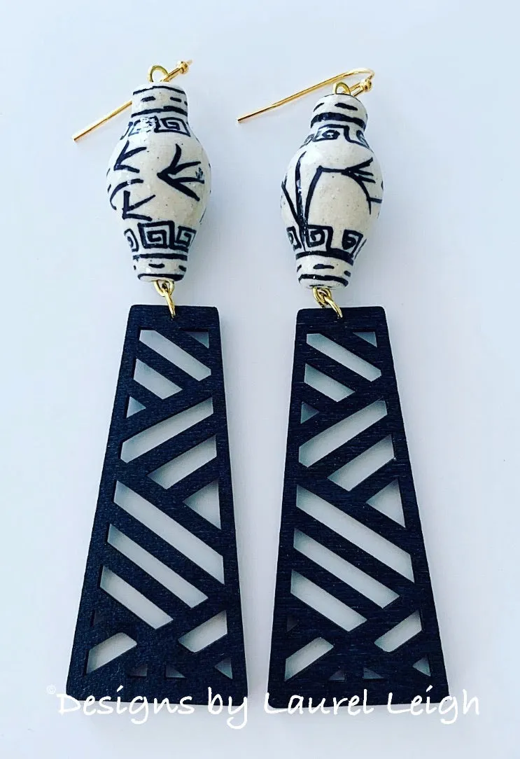 Chinoiserie Chippendale Ginger Jar Statement Earrings - Black or Blue