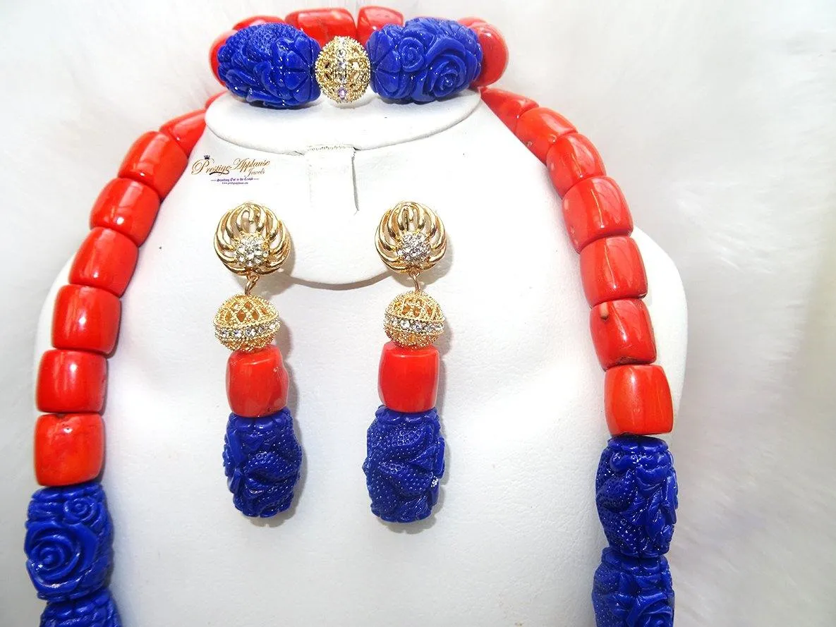 Coral Mixed with Blue carved coral Beads African Nigerian Embelished Necklace Jewellery Set