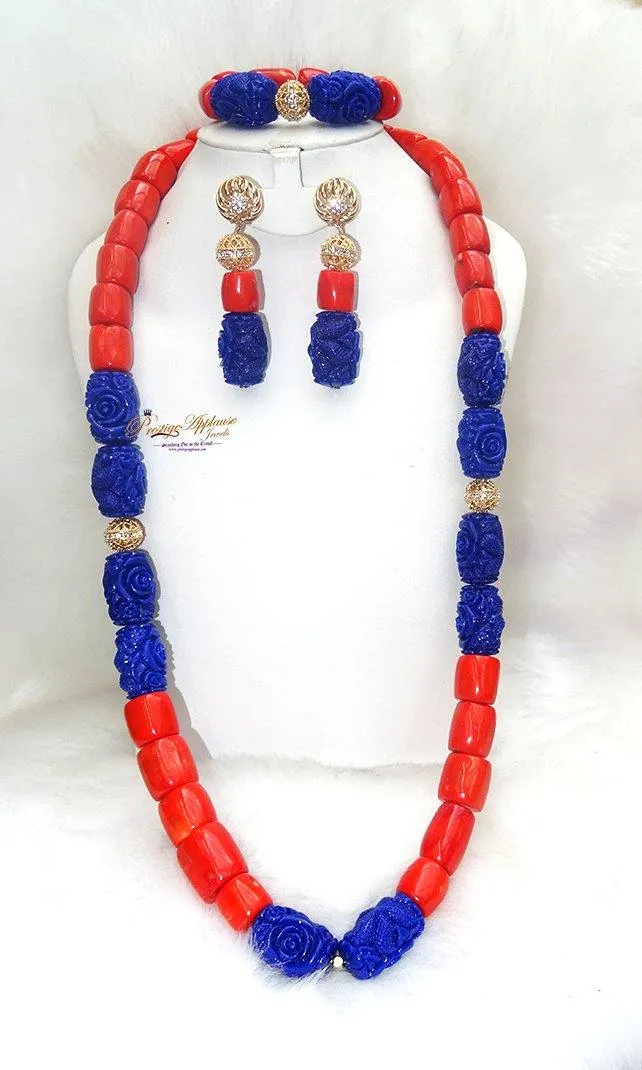 Coral Mixed with Blue carved coral Beads African Nigerian Embelished Necklace Jewellery Set