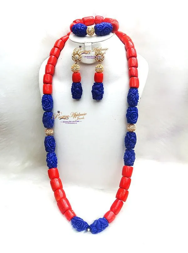 Coral Mixed with Blue carved coral Beads African Nigerian Embelished Necklace Jewellery Set