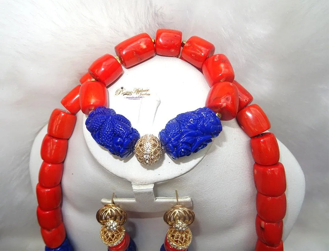 Coral Mixed with Blue carved coral Beads African Nigerian Embelished Necklace Jewellery Set