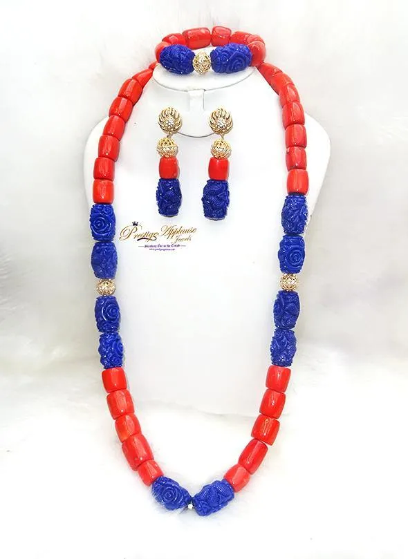 Coral Mixed with Blue carved coral Beads African Nigerian Embelished Necklace Jewellery Set