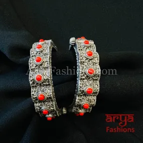 Coral Red Silver Oxidized Openable bangles