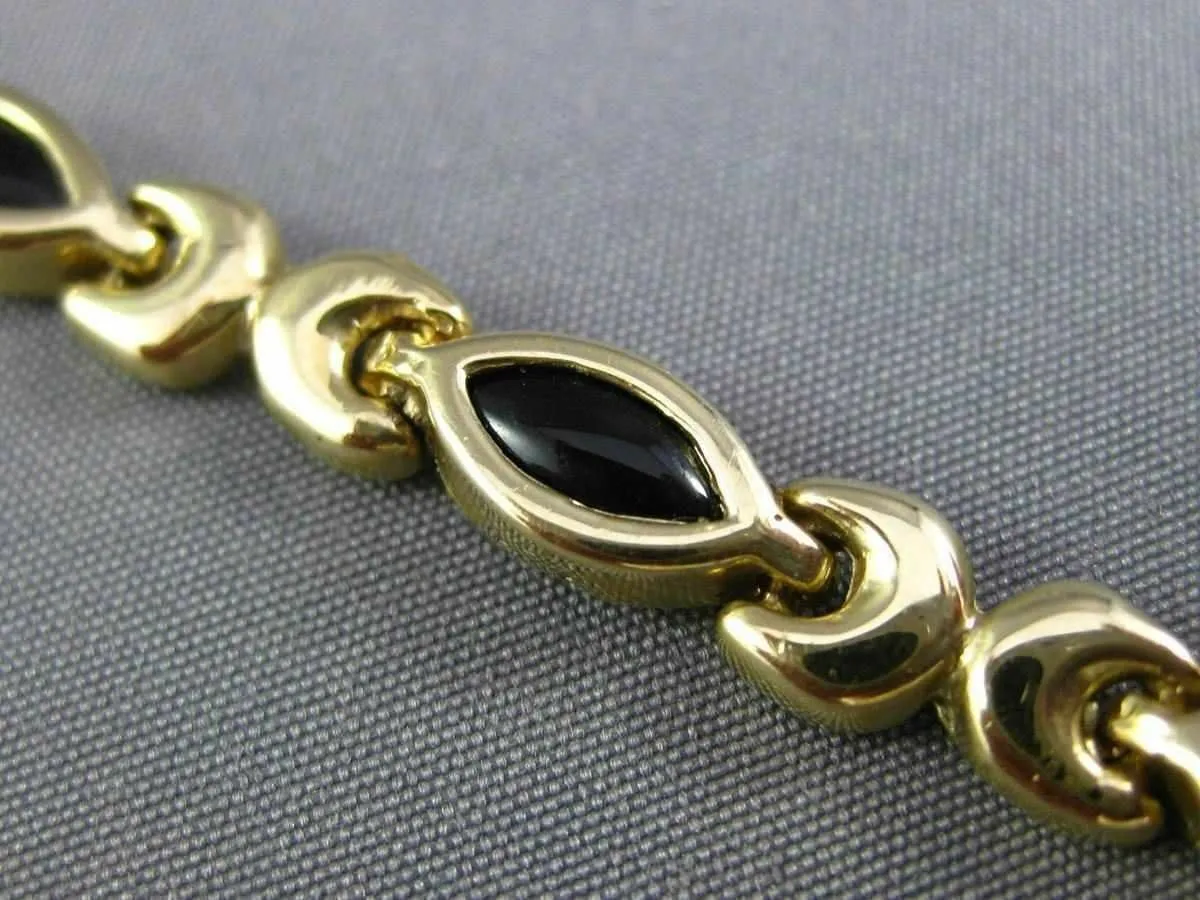 ESTATE 14KT YELLOW GOLD 3D BLACK ONYX MARQUISE HANDCRAFTED LINK LOVE BRACELET