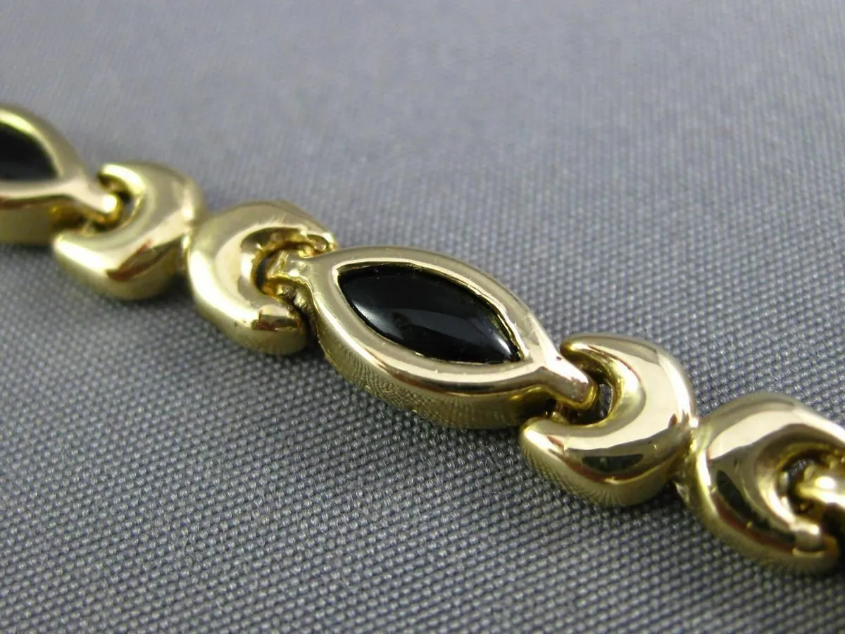 ESTATE 14KT YELLOW GOLD 3D BLACK ONYX MARQUISE HANDCRAFTED LINK LOVE BRACELET